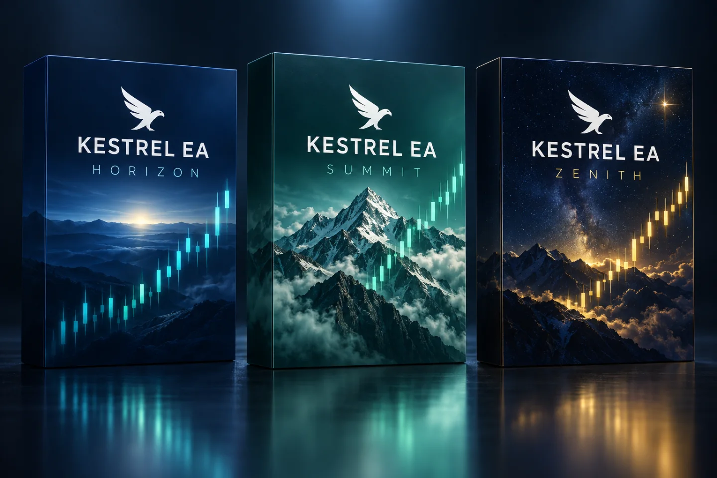 Three Kestrel EA software boxes, Horizon, Summit and Zenith, side by side