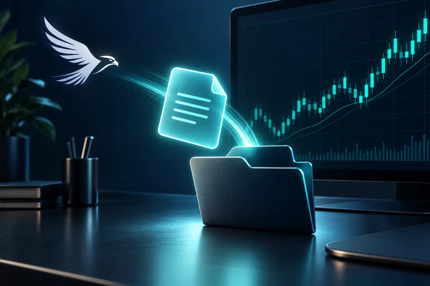A file being placed into a glowing folder on a dark desktop