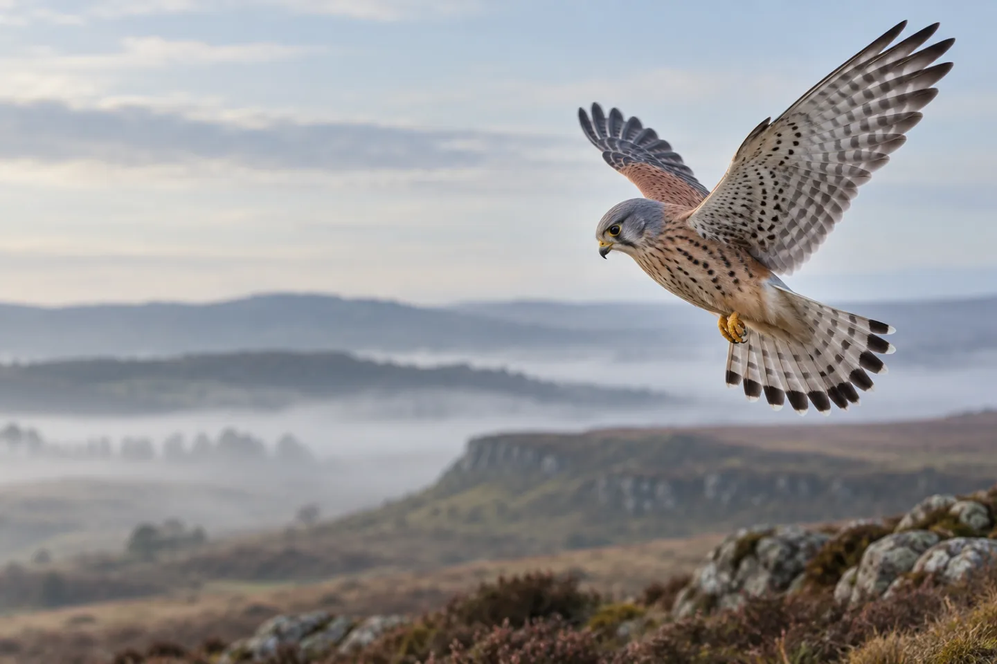 Kestrel hovering in profile over misty moorland at blue hour
