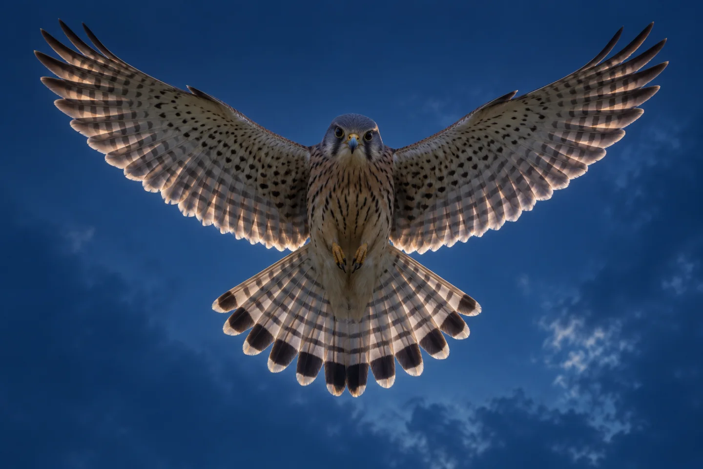 Kestrel hovering above open farmland seen from below