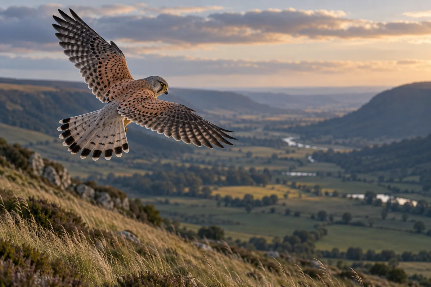 Kestrel holding still above a long valley at dusk