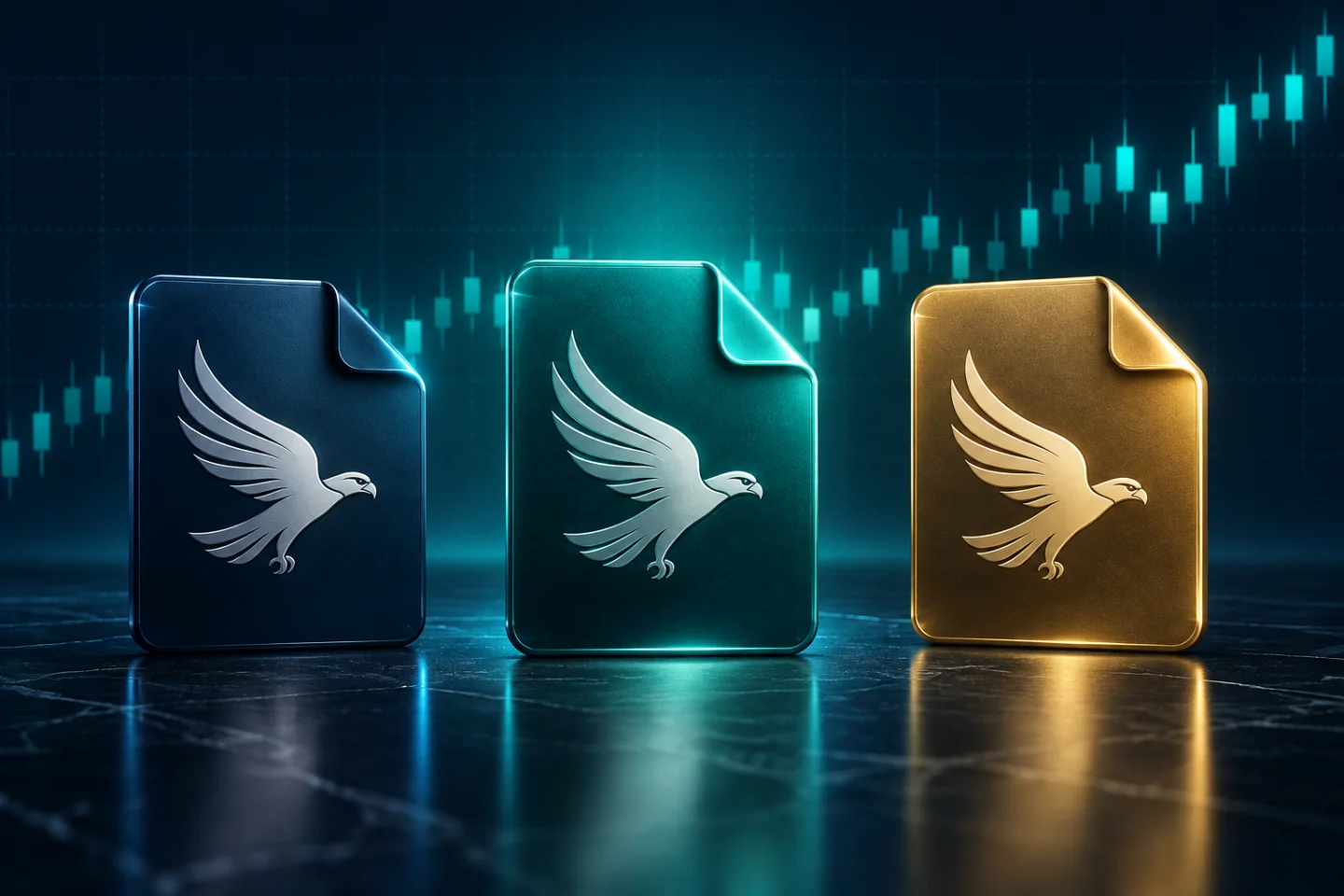 Three set-file icons in navy, teal and gold