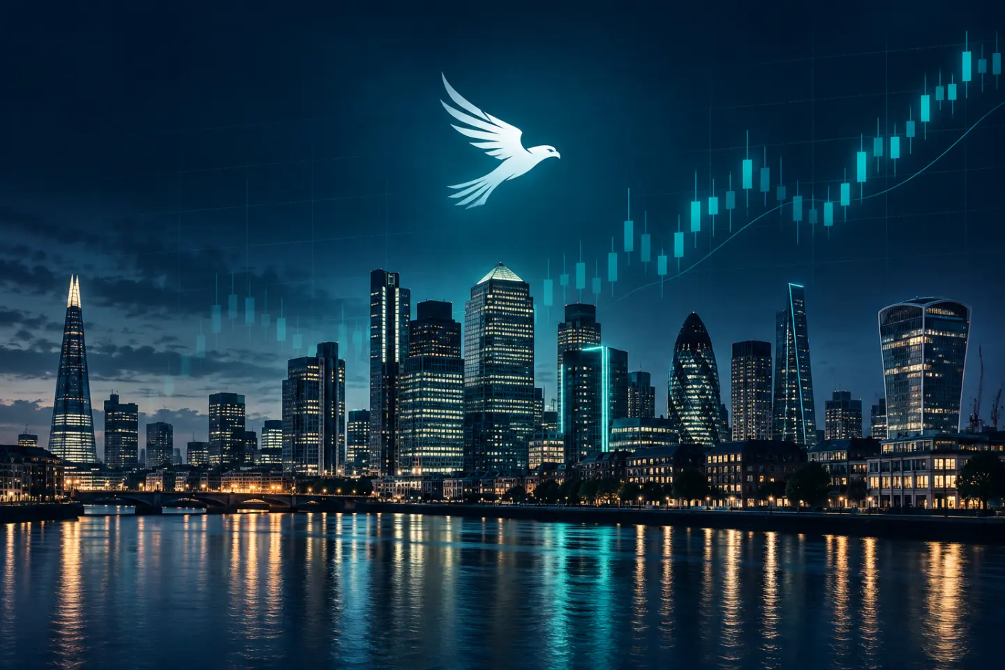 A city skyline at blue hour with a kestrel glyph above it